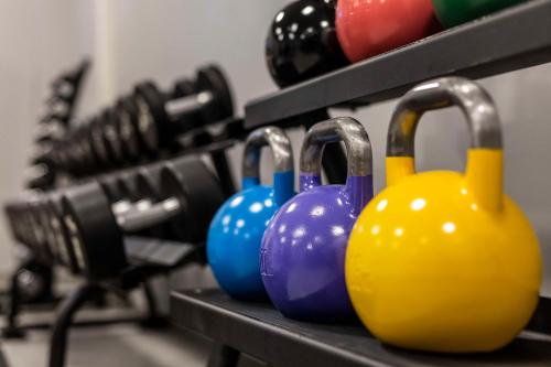 a row of blue and yellow dumbbells on a shelf at Scandic Opus Horsens in Horsens