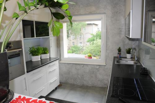 una cocina con armarios blancos y una ventana con macetas. en Słoneczny apartament w Sopocie en Sopot