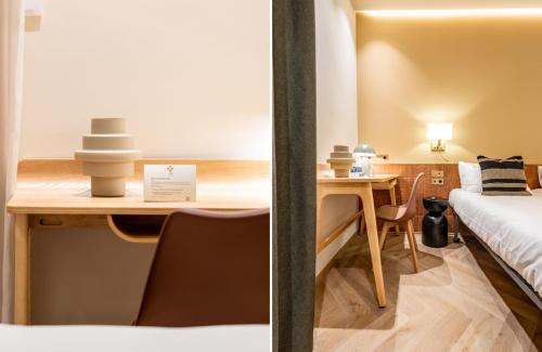 a room with a desk and a bed and a table at Hostal Ambos Mundos in Barcelona