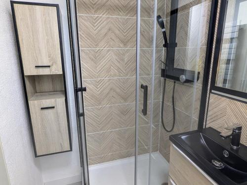 une douche avec une porte vitrée à côté d'un lavabo dans l'établissement Studio cabine 4 pers, pied des pistes, balcon, exposé sud - FR-1-557-132, à Les Adrets