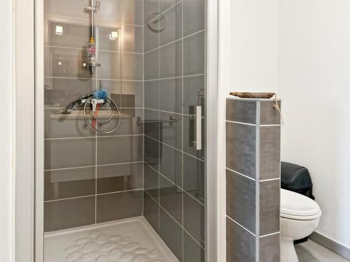 une douche dans une salle de bain avec toilettes dans l'établissement Charmant appartement PMR avec terrasse, climatisation et parking à Palavas - FR-1-559-42, à Palavas-les-Flots