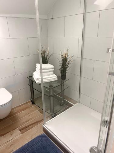 a bathroom with a shower and a table with towels at Modern und flexibel wohnen zwischen Köln und Düsseldorf in Langenfeld