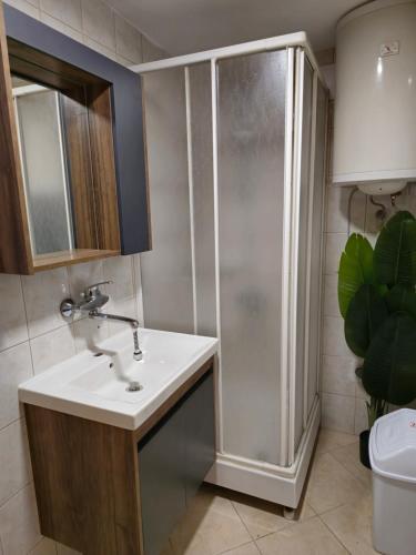 a bathroom with a sink and a shower at Main square - Palace La Grande 150 m2 in Skopje
