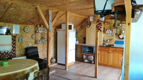 a kitchen with a refrigerator and a table in a room at Къща под наем PETROVA in Cherven