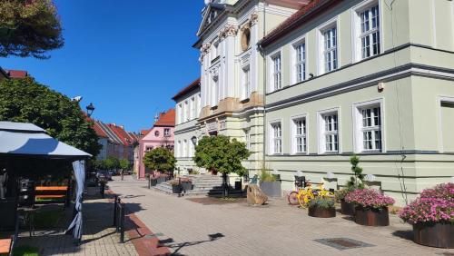 a city street with buildings and flowers in pots at Apartamenty EverySky Kowary, Cozy Home z widokiem na góry i windą in Kowary