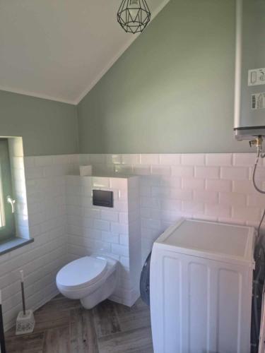 a white bathroom with a toilet and a sink at La Cassetta Verde in Lubkowo