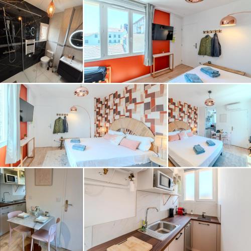 un collage de photos d'une chambre d'hôtel dans l'établissement Tulipe Roanne centre-ville - Parking & Clim, à Roanne