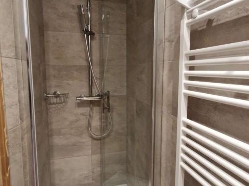 une douche avec une porte vitrée dans une salle de bain dans l'établissement Studio cosy pour 4 pers à L'Alpe d'Huez, près des pistes, animaux bienvenus - FR-1-405-14, à L'Alpe-d'Huez