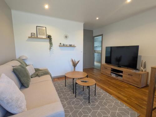 a living room with a couch and a flat screen tv at Plaisance in Saint-Satur