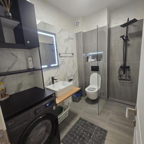 コンスタンツァにあるLuxury 2 Bedroom Apartmentのバスルーム(トイレ、洗面台、洗濯機付)