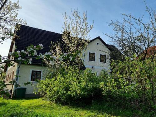 a white house with a black roof and some bushes at Naturparadies am Sonntagberg in Sonntagberg