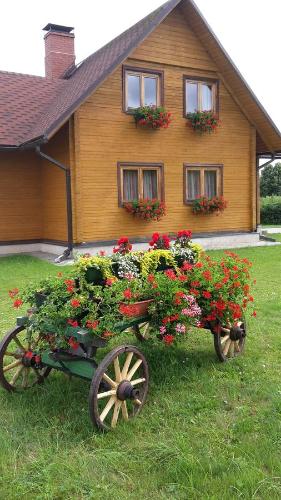 ein Blumenwagen vor einem Haus mit Blumen in der Unterkunft Atpūtas namiņš in Burtnieki