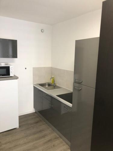 une petite cuisine avec un évier et un micro-ondes dans l'établissement apt de 20m2 proche plage, à Berck-sur-Mer