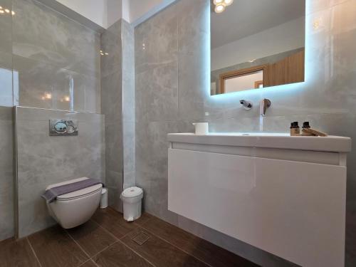 a bathroom with a sink and a toilet and a mirror at Punta Mare Hotel in Karpathos Town