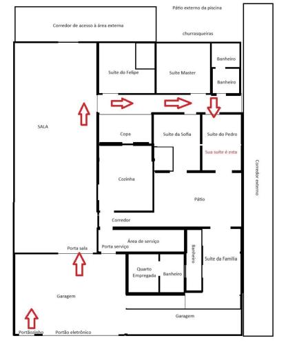 a floor plan of a house with arrows showing the different floors at Casa Modernista - Aluguel de Suítes in Brasilia