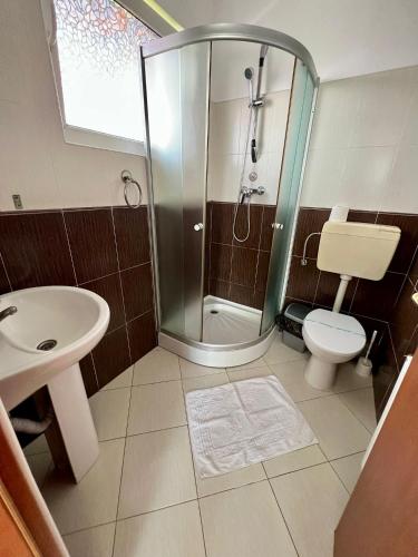 a bathroom with a shower and a toilet and a sink at Pensiunea Tudor in Baile Felix