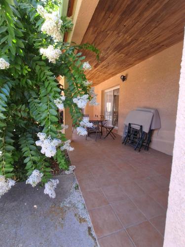- une terrasse avec une table, des chaises et des fleurs dans l'établissement Family villa in Salles-d'Aude, à Salles-dʼAude