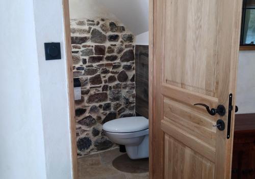 a bathroom with a toilet and a stone wall at Domaine La Synchronicité - Gîte et Chambres d'Hôtes in Vaudrimesnil