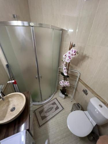 Un baño con ducha, inodoro y lavabo. en Sweet Home, en Sunny Beach