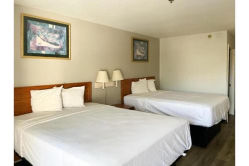 two beds in a hotel room with white sheets at Motel 6 Laurel, MS in Laurel
