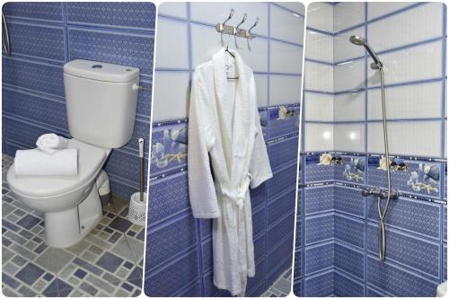 two pictures of a bathroom with a toilet and a shower at White Majorelle Casa Grande in Tamraght Ouzdar