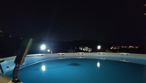 a swimming pool at night with lights in the background at Georgia's Dream House in Koprána