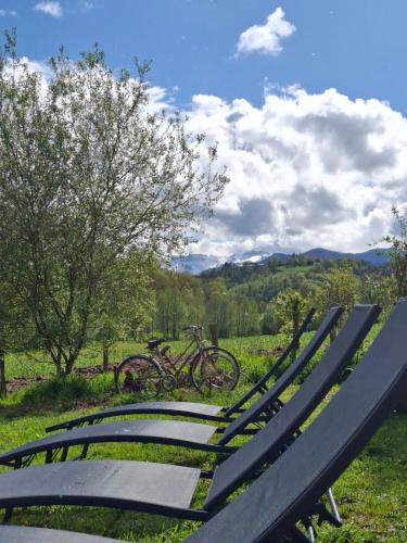 a park bench with a bike in a field at Gîte Coume a Case, Pyrénées Atlantiques in Lys