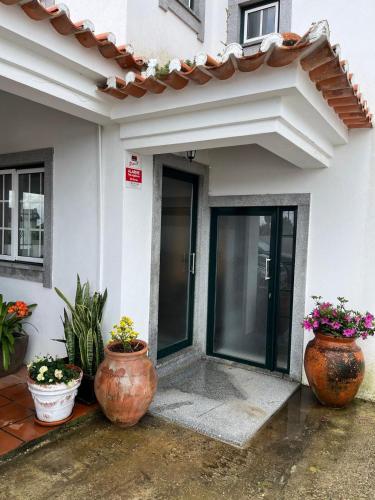 three large vases sitting outside of a house at Casa do Caracol in Oliveira de Azemeis