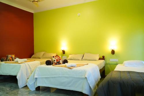 a room with two beds and a green wall at Shanthi Guest House in Hampi