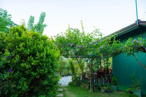 a garden with purple flowers and trees and a building at Astral Zone Cottage ELLA in Ella
