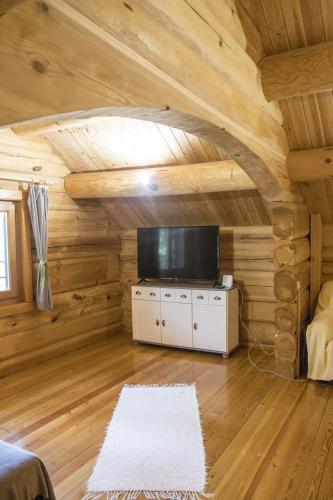 a living room with a tv and a room with wooden walls at A fák ölelése vendégház in Bükkaranyos