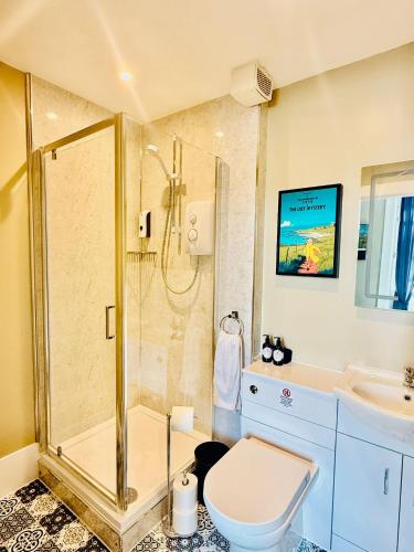 a bathroom with a shower and a toilet and a sink at Scot Townhouse in Edinburgh