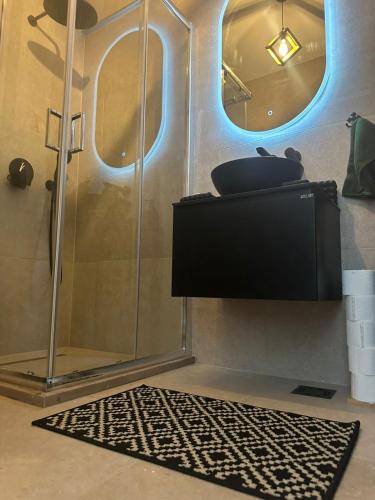 a bathroom with a shower with a television and a rug at Nicks sea view appartement II in Petrovac na Moru