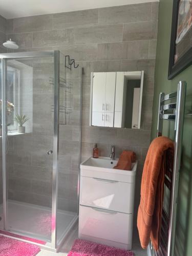 a bathroom with a white sink and a shower at Jett Joy in Moffat