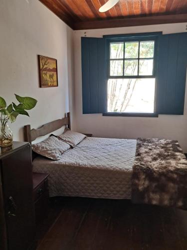 a bedroom with a bed and a window at Casa de fazenda com lago in Engenheiro Paulo de Frontin