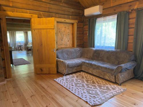 a living room with a leather couch and a door at Privaatne maja metsas, kraanist voolab allikavesi in Plaani