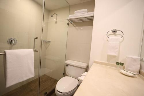 a bathroom with a toilet and a glass shower at Victoria Inn in Ciudad Victoria