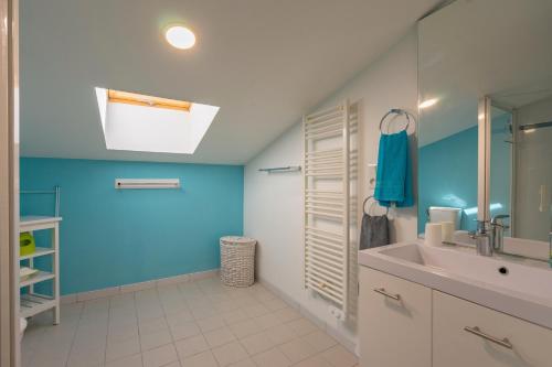 a bathroom with a sink and a blue wall at Gîtes du Vigneron in Saint-Seurin-de-Palenne