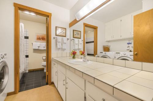 une salle de bain avec un lavabo et une machine à laver dans l'établissement RMR: Geranium 2621 Condo in The AspensWilsonWY, à Wilson