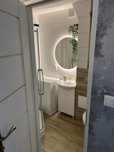 a bathroom with a sink and a mirror at Apartament Piaskowa Mountain & Coffee in Wałbrzych