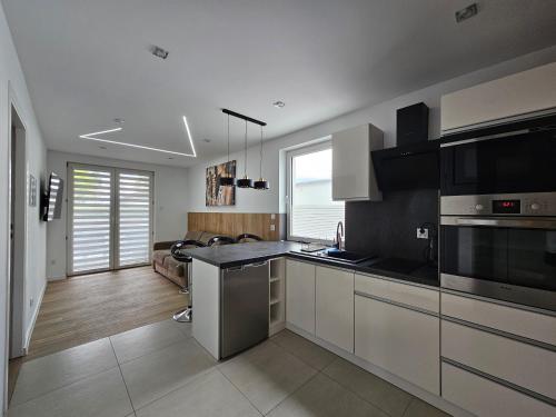 a kitchen with stainless steel appliances and a living room at Willa Rudnik in Grudziądz