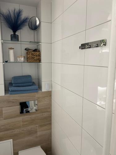 a bathroom with a toilet and a shower stall at Apartament Piaskowa Mountain & Coffee in Wałbrzych