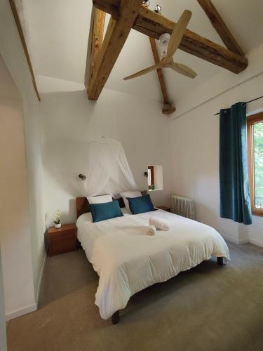 a bedroom with a large white bed with blue pillows at Château de Fortis in Serrières-en-Chautagne