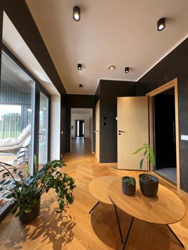 a living room with a table and potted plants at Männi Villa in Haaslava