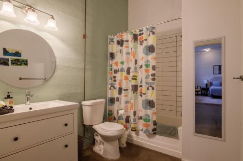 une salle de bain avec toilettes et rideau de douche dans l'établissement Downtown Lynchburg, Vault Loft, 1,500 sq. ft., Va, à Lynchburg