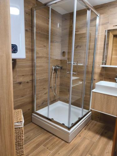 a shower with a glass door in a bathroom at Wood Fairy 2 in Korenica