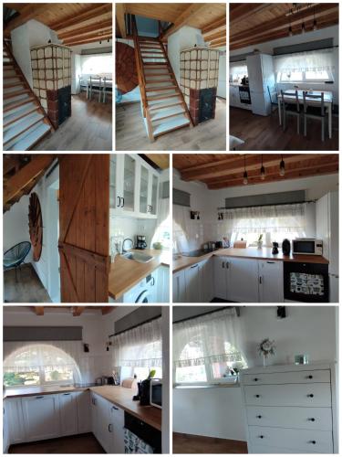 Un collage de fotos de una cocina con escalera. en Kiskanális Vendégház, 