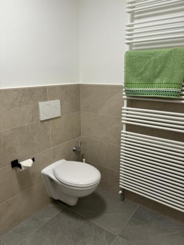 La salle de bains est pourvue de toilettes et d'une serviette verte. dans l'établissement Mountain spot in a cozy nest, à Airolo