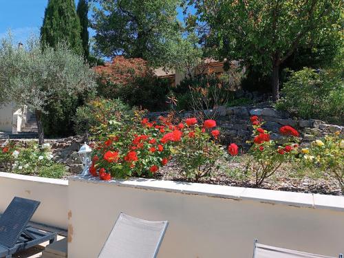 a garden with red flowers on a white wall at Mas Auroma in Murs