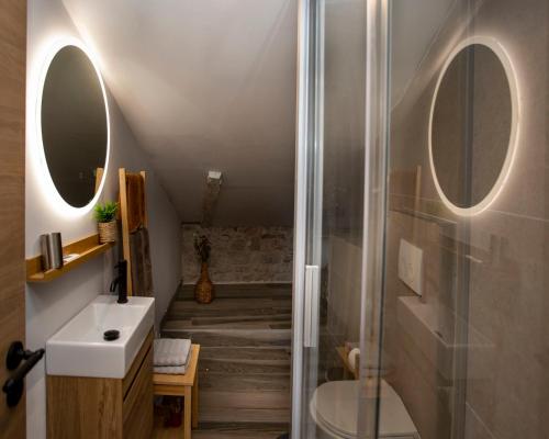 a bathroom with a shower and a toilet and a sink at Studio DIAMADI-Old Town Rovinj in Rovinj